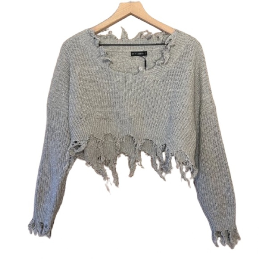 Women's OS ZAFUL Freyed Distressed Crop Gray Sweater Vneck Winter